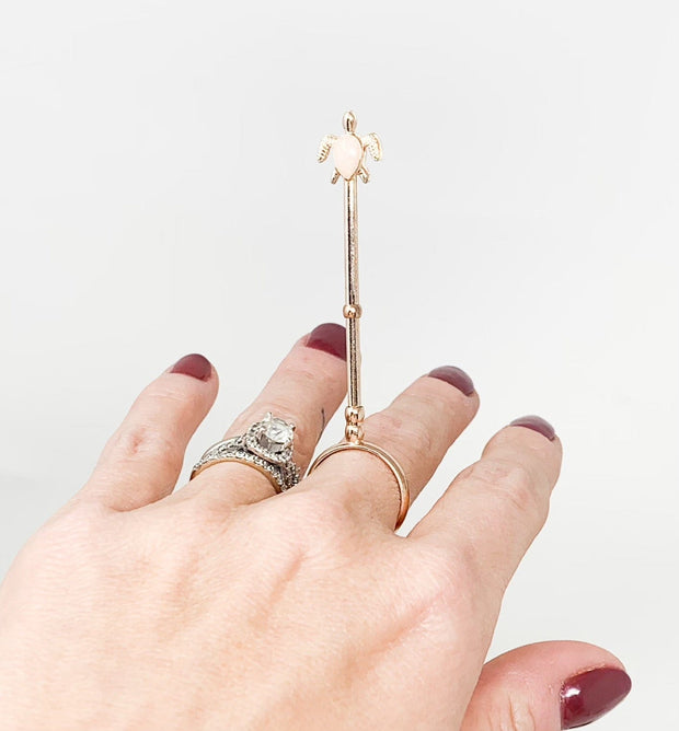 Rose Gold Turtle Peach Opal Stone Ring Joint Holder