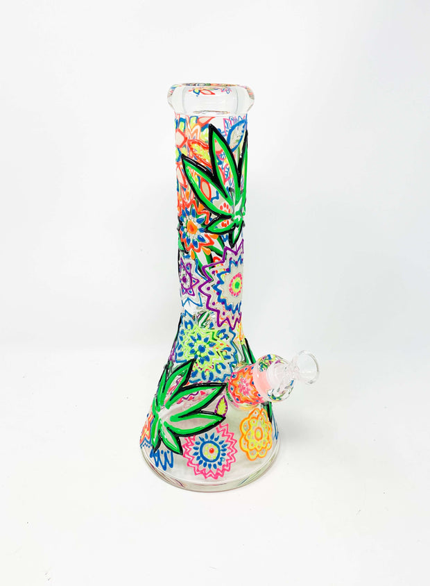 Glow In The Dark Neon Hand Painted Weed Leaves Beaker Glass Water Pipe/Bong