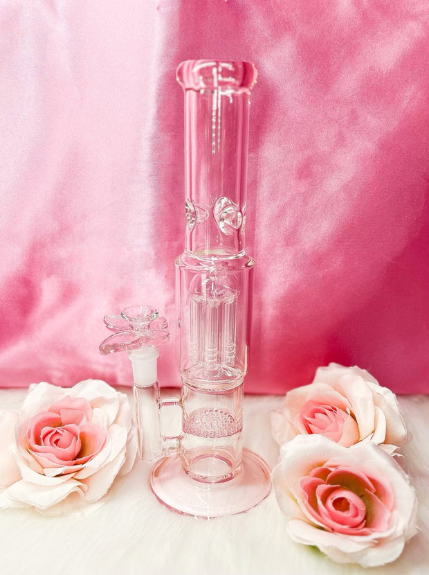 Cute Pink Double Perc Glass Water Pipe/Dab Rig