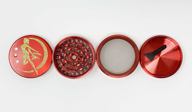 Red Herb Grinder Gold Holographic Moon Crystal 4 Piece 55mm W/ Cleaning Tool