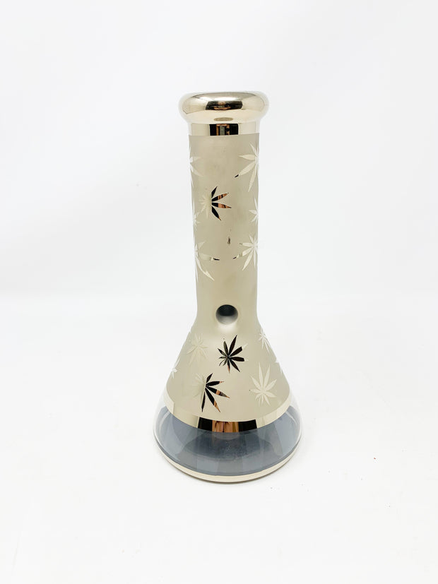 Gold Metallic Weed Leaves Beaker Glass Water Pipe 8.5in Bong