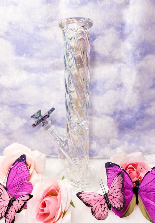 Iridescent Swirl Butterfly Straight Tube Glass Water Pipe/Bong