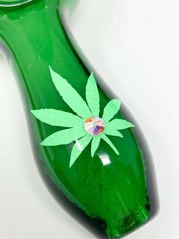 Green Glass Hand Pipe Neon Green Weed Leaf Swarovski Crystal