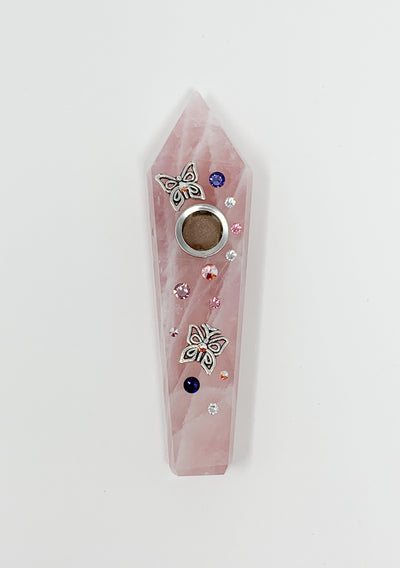 Rose Quartz Crystal Hand Pipe Butterflies Crystal