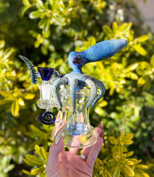 6.5in Blue Green Octopus Shower Head Perc Glass Hand Pipe/Dab Rig
