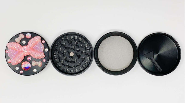 Herb Grinder Pink Bow Swarovski Crystal Custom Spice Grinder 4 Piece 55mm W/ Cleaning Tool