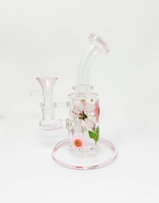 Pink Floral Pink Bent Neck Glass Water Hand Pipe/Dab Rig