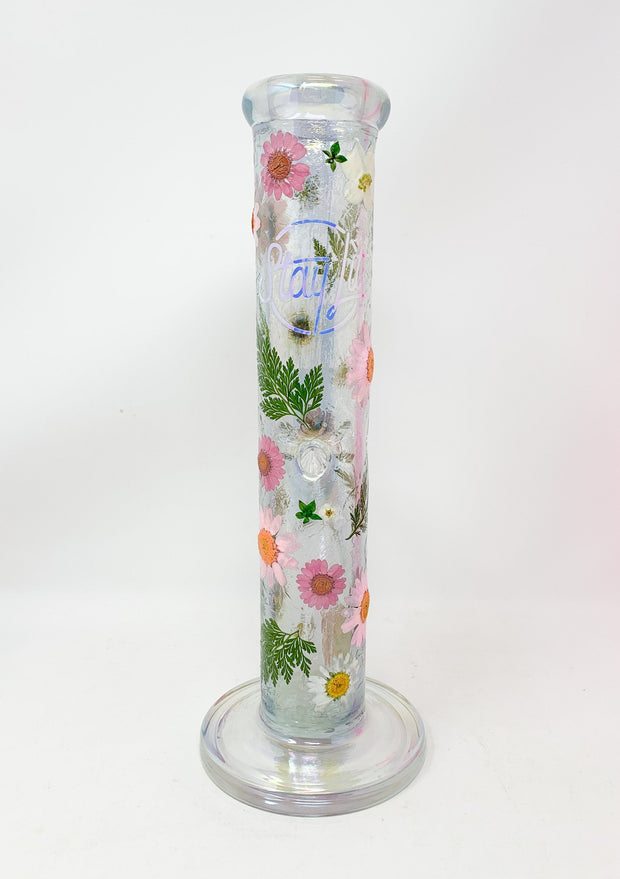 Iridescent StayLit 12in Floral Straight Tube Glass Water Pipe/Bong
