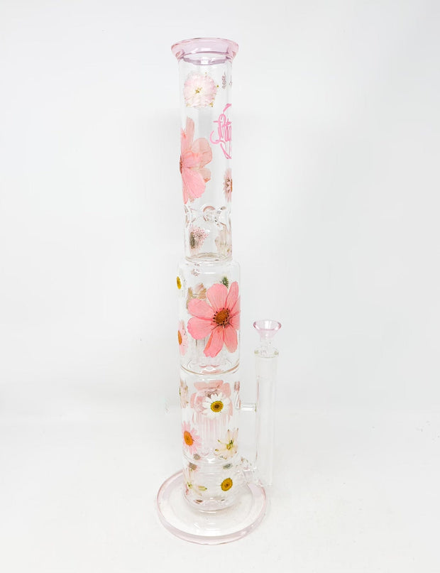 Pink White Daisies 18in Double Perc Glass Water Pipe/Dab Rig
