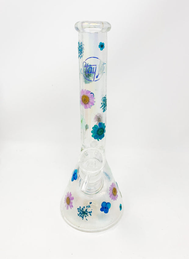 Iridescent Purple and Blue Flowers 10in Beaker Glass Water Pipe/Bong