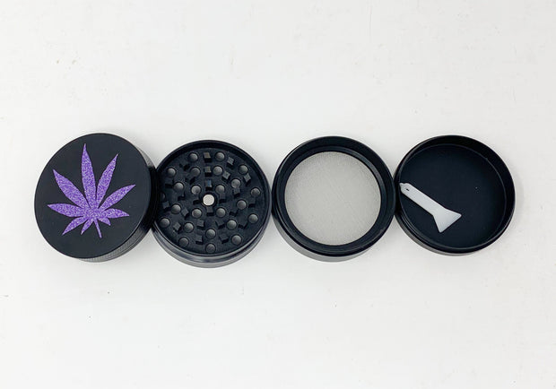 Herb Grinder Purple Weed Leaf Glitter Custom Spice Grinder 4 Piece 55mm W/ Cleaning Tool