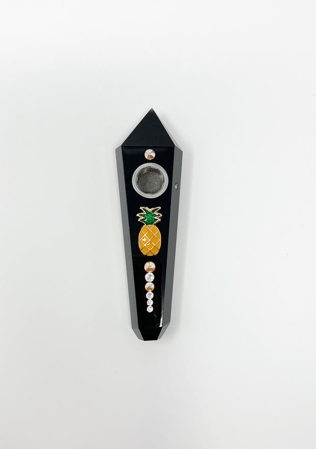Black Obsidian Crystal Hand Pipe Pineapple Swarovski