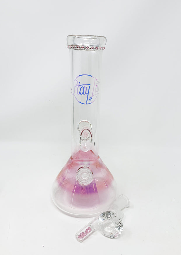 Pink StayLit Holographic Opal Crystal 12in Beaker Glass Water Pipe/Bong
