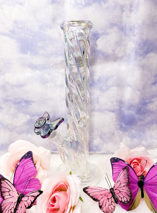 Iridescent Swirl Butterfly Straight Tube Glass Water Pipe/Bong