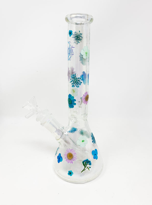 Iridescent Purple and Blue Flowers 8in Beaker Glass Water Pipe/Bong