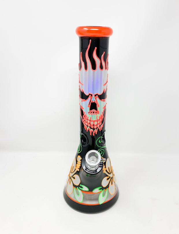 Glow In The Dark Flaming Skull Hawaiian Flower Hibiscus Beaker Glass Water Pipe/Bong