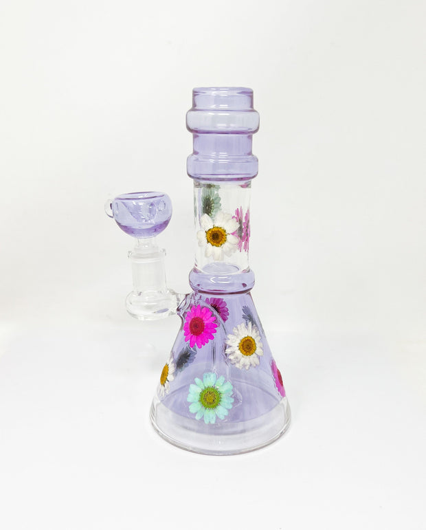 Purple Pink Teal Floral Straight Neck Glass Water Pipe/Rig