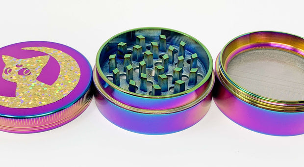 Rainbow Herb Grinder Gold Holographic Cat 4 Piece 55mm W/ Cleaning Tool
