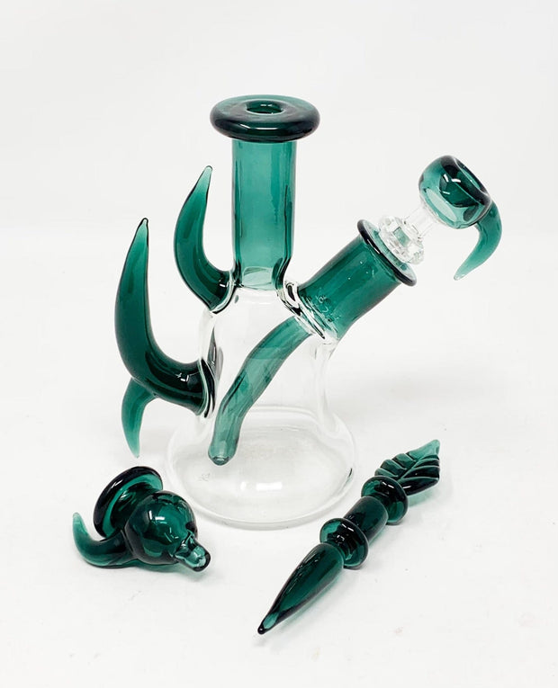 2KGlassWorks Emerald Green Horn Heady Glass Water Pipe/Dab Rig
