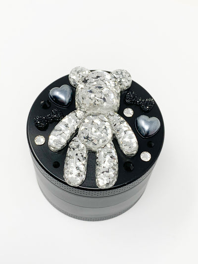 Herb Grinder BearBrick Silver Glitter Swarovski Crystals Weed Grinder 4 Piece 55mm W/ Cleaning Tool