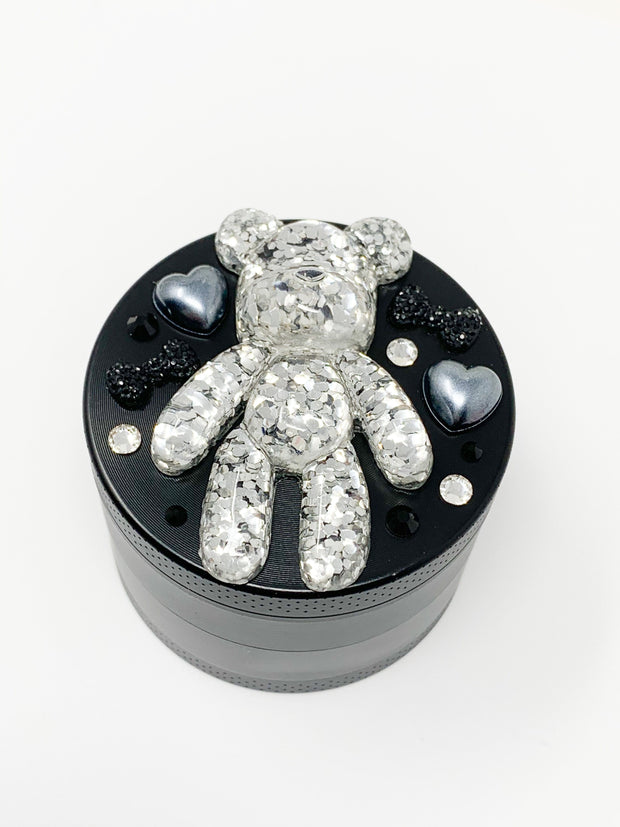 Herb Grinder BearBrick Silver Glitter Swarovski Crystals Weed Grinder 4 Piece 55mm W/ Cleaning Tool