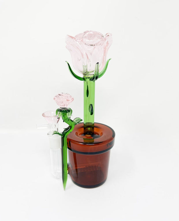Pink Rose Flower Pot Glass Water Pipe/Dab Rig