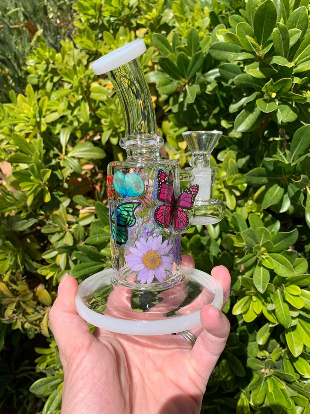 Rainbow Floral Butterflies Bent Neck Glass Water Hand Pipe/Dab Rig