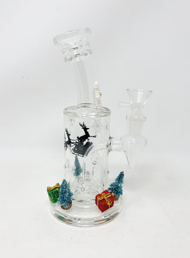 Santa’s Sled Snowflake Christmas 8in Bent Neck Glass Water Hand Pipe/Dab Rig