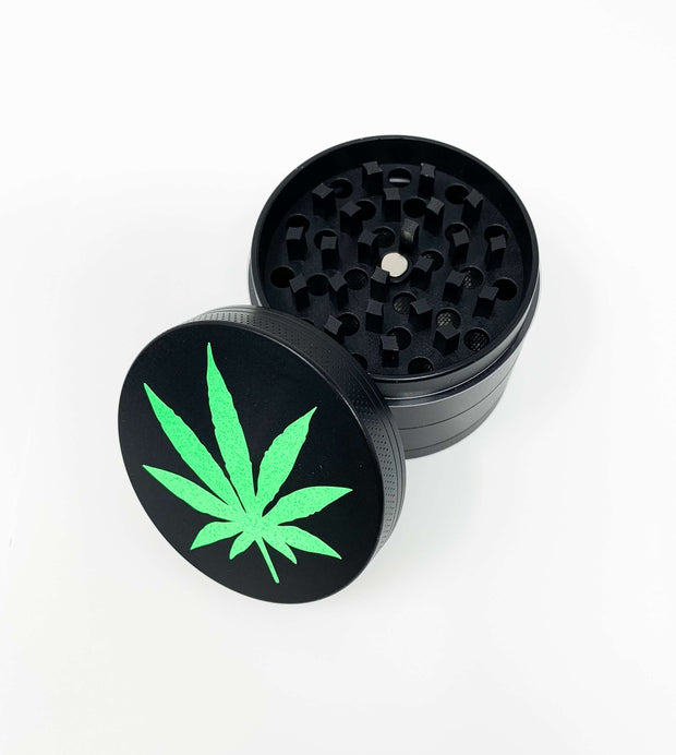 Black Herb Grinder Neon Green Glitter Weed Leaf 4 Piece 55mm W/ Cleaning Tool