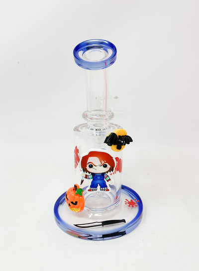 Blue Chucky Doll Horror Bent Neck Glass Water Hand Pipe/Dab Rig