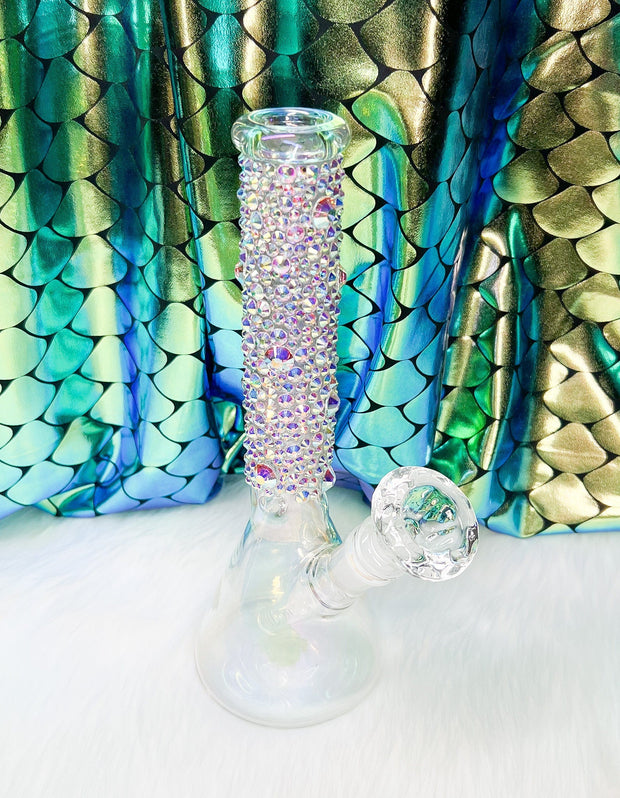 Real Crystal Bling Iridescent 8in Beaker Glass Water Pipe/Bong