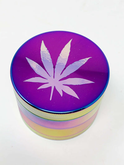 Rainbow Herb Grinder Blue Purple Holographic Weed Leaf Glitter 4 Piece 55mm W/ Cleaning Tool