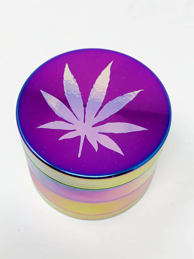 Rainbow Herb Grinder Blue Purple Holographic Weed Leaf Glitter 4 Piece 55mm W/ Cleaning Tool