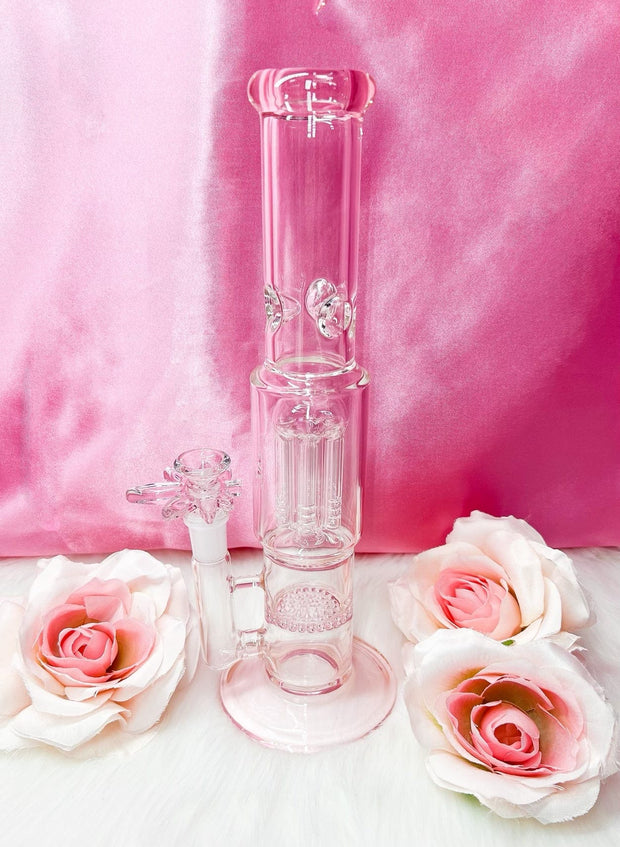 Cute Pink Double Perc Glass Water Pipe/Dab Rig