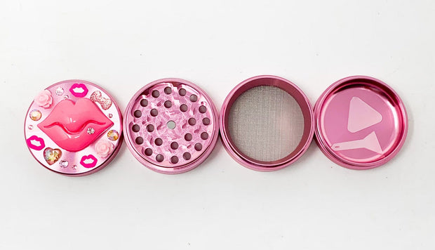 Pink Herb Grinder Valentines Lips Crystal Custom 4 Piece 55mm W/ Cleaning Tool