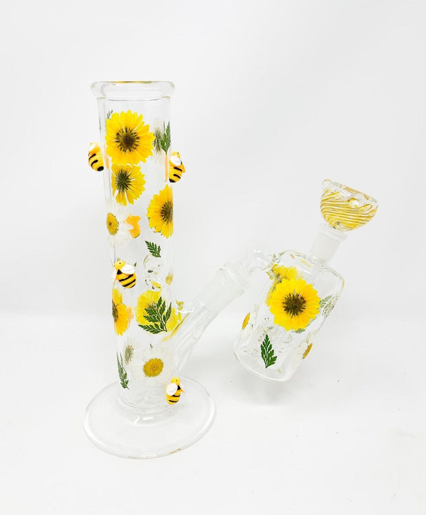 Sunflower Dried Floral 10in Tube Glass Water Pipe/Bong