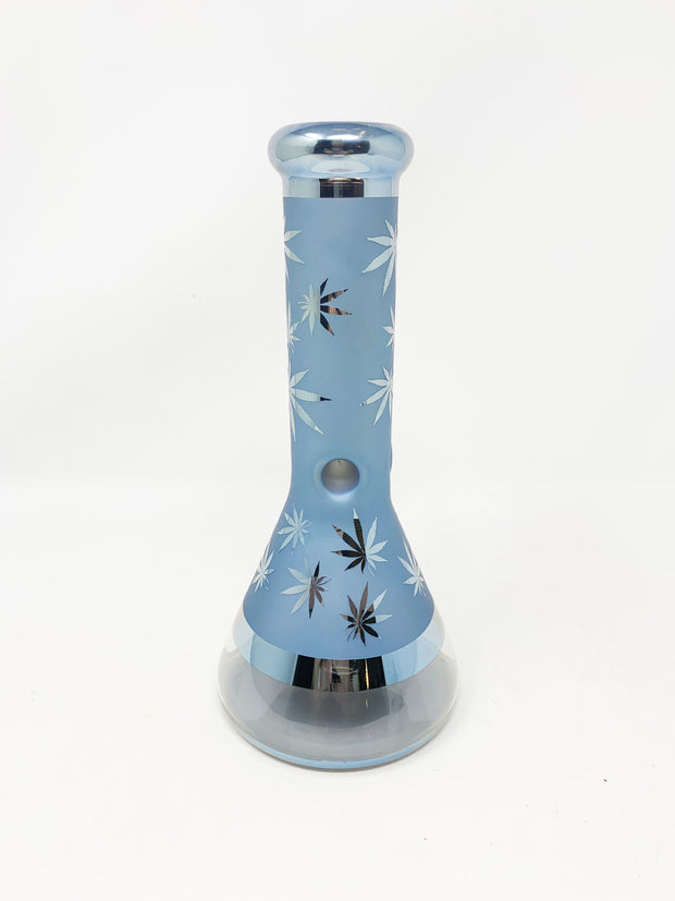 Blue Metallic Weed Leaves Beaker Glass Water Pipe 8.5in Bong