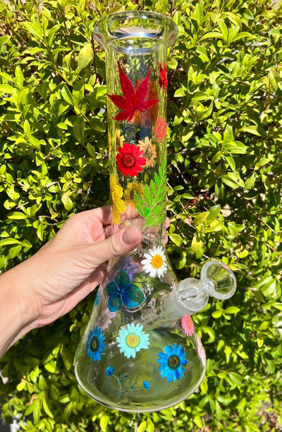 Rainbow Dried Floral 12 In Beaker Glass Water Pipe/Bong