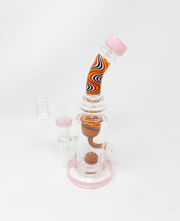 Pink Rainbow Swirl 9in Bent Neck Glass Water Pipe/Dab Rig
