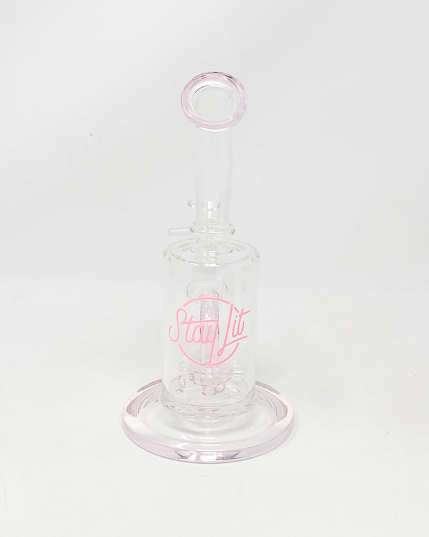 Matte Pink Glow In The Dark StayLit 9in Bent Neck Glass Water Hand Pipe/Dab Rig