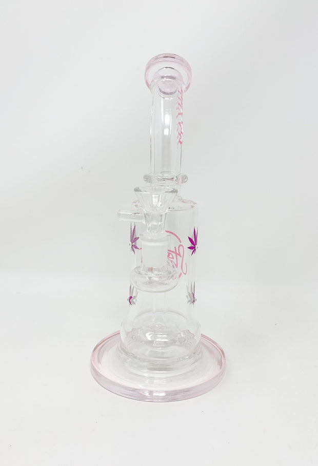 StayLit Pink Glitter Weed Leaf and Crystal 8.5in Bent Neck Glass Water Hand Pipe
