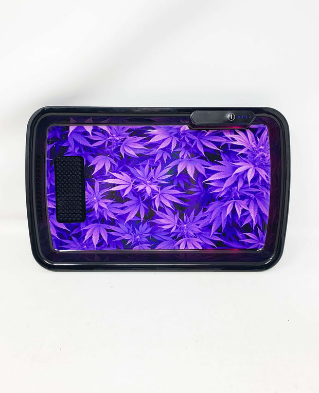 Purple Cannabis Leaves LED Rolling Tray Featuring 7 Colors and Party Mode