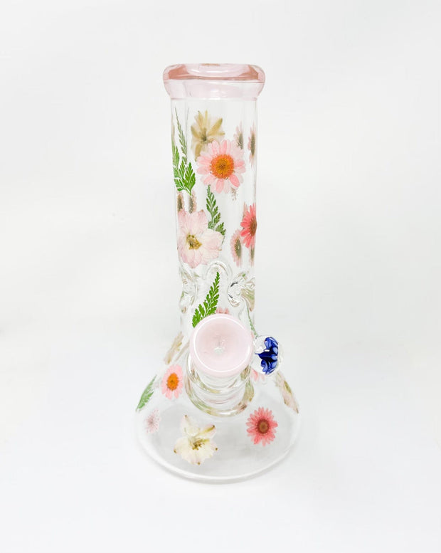 Pink Dried Floral 10in Glass Water Pipe/Bong