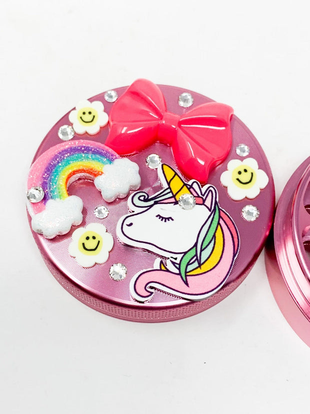 Pink Unicorn Rainbow Herb Grinder 4 Piece 55mm W/ Cleaning Tool