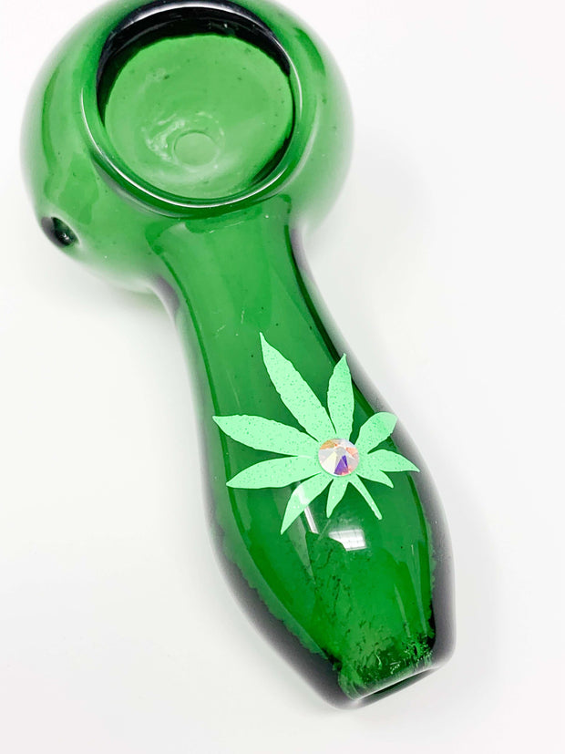 Green Glass Hand Pipe Neon Green Weed Leaf Swarovski Crystal