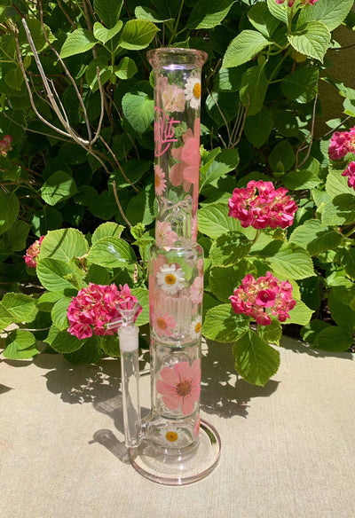 Pink White Daisies 18in Double Perc Glass Water Pipe/Dab Rig