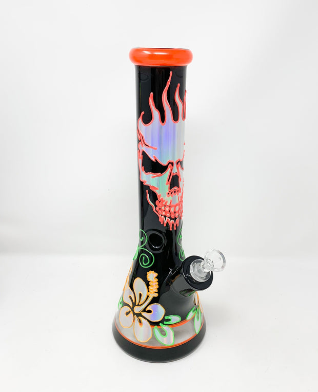 Glow In The Dark Flaming Skull Hawaiian Flower Hibiscus Beaker Glass Water Pipe/Bong