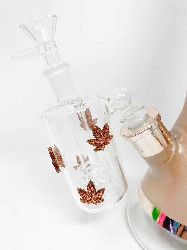 Rose Gold Weed Leaves Beaker Glass Water Pipe/Bong