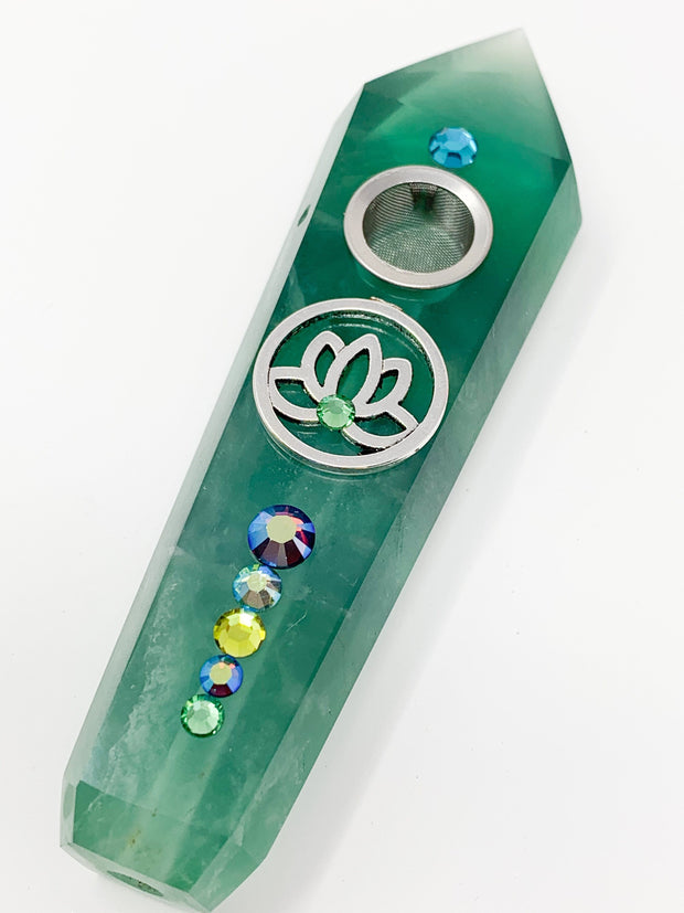 Green Fluorite Crystal Hand Pipe Lotus Flower