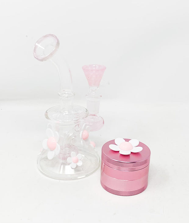 Pink Daisies 6in Glass Water Pipe/Dab Rig